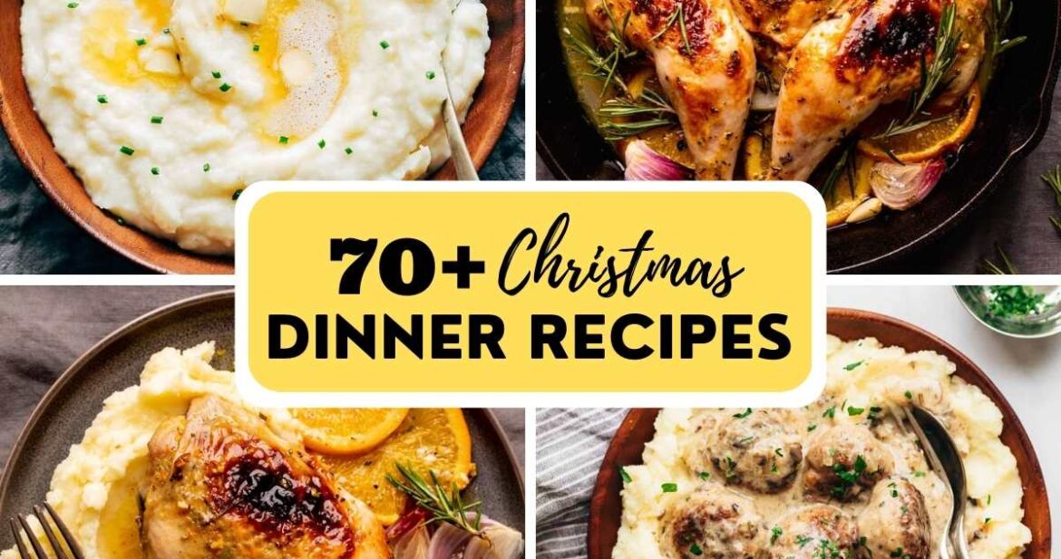 Picture collage showing Christmas Dinner recipes photographs with text overlay