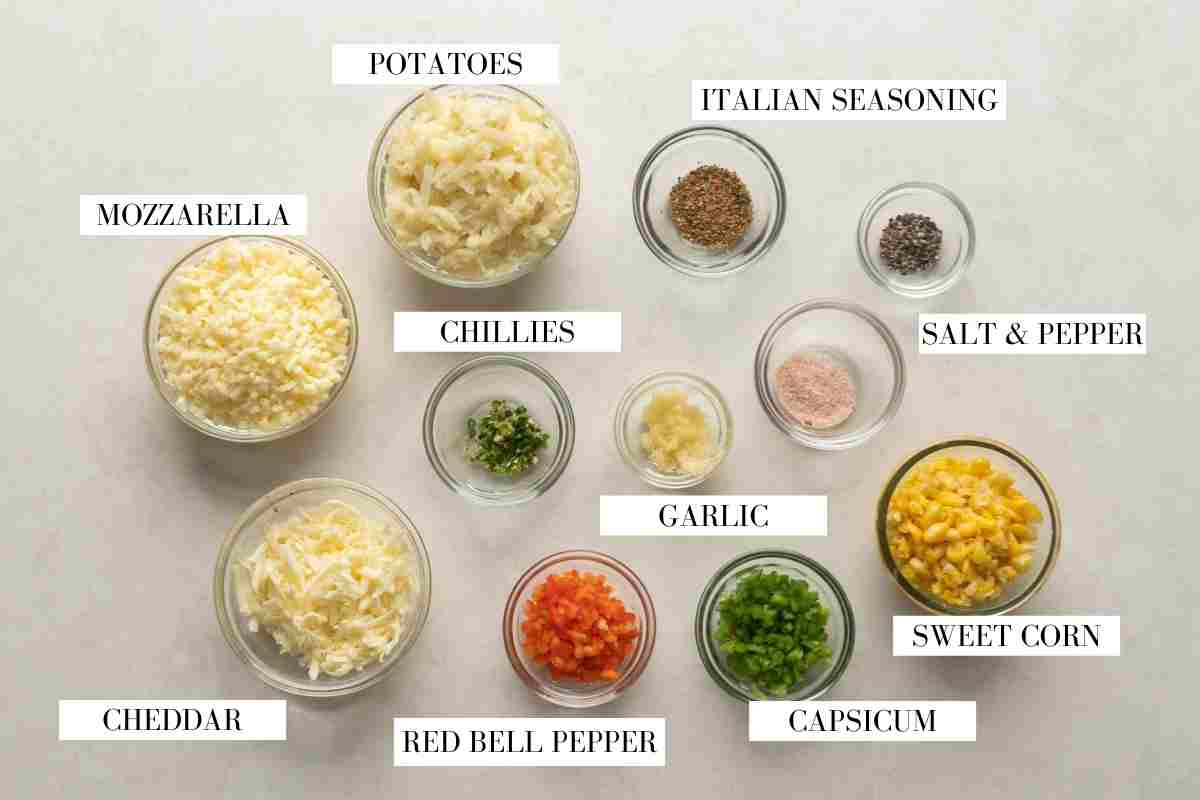 Picture of ingredients required for cheese ball mixture laid out on a white background with text to identify them