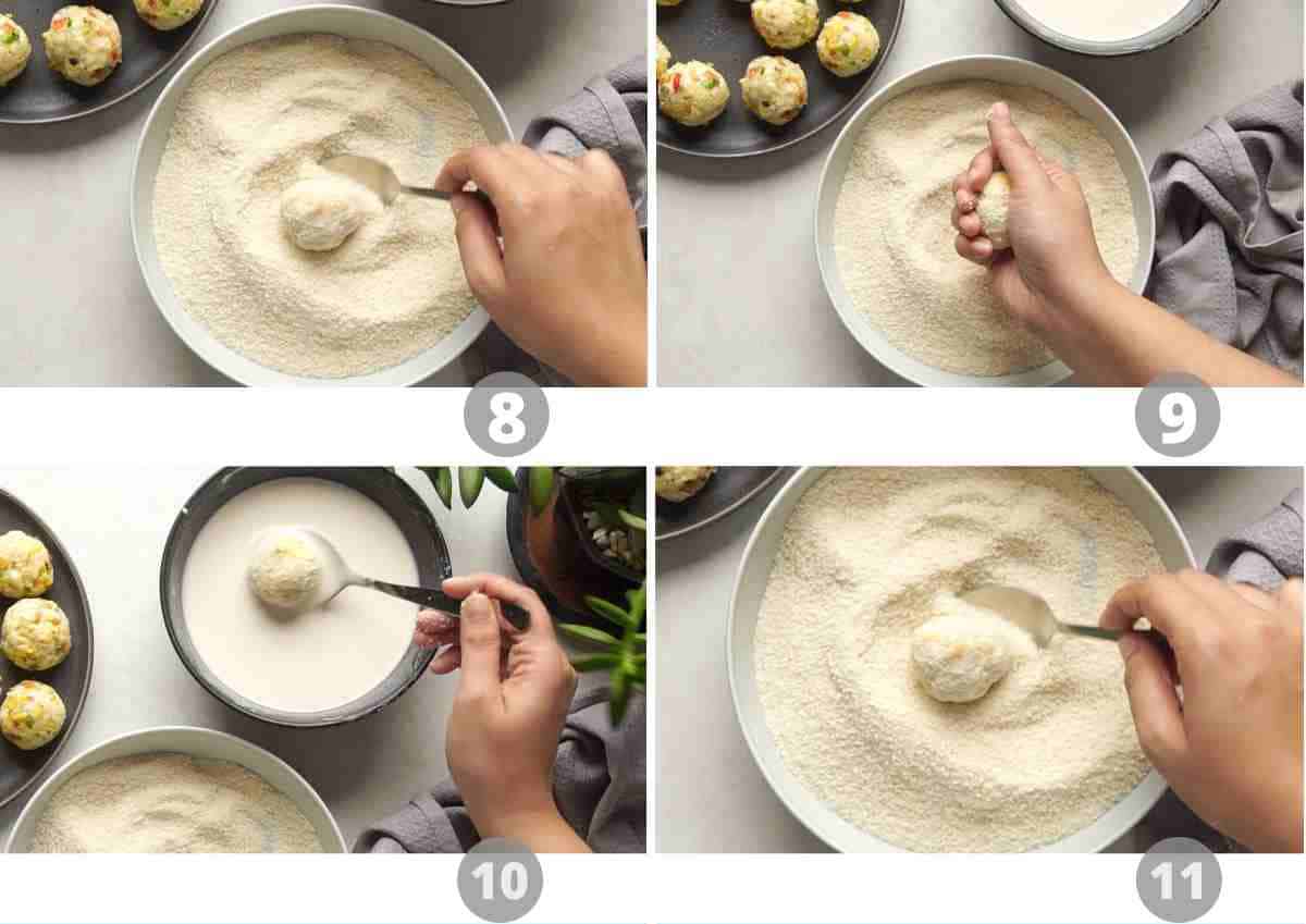 Step by step pictures showing how to double crumb cheese balls