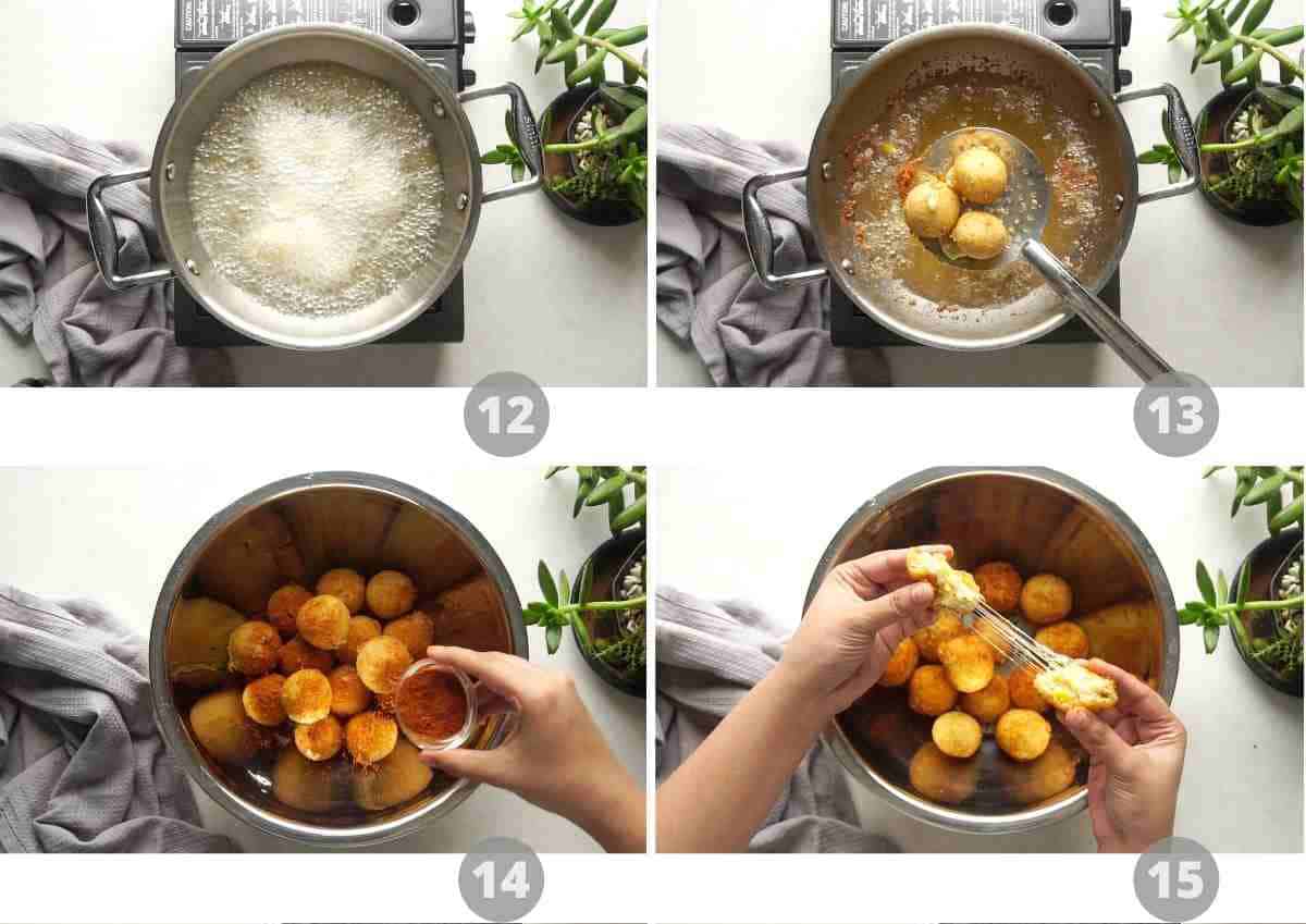 Step by step pictures showing how to deep fry cheeseballs and toss them in peri peri mix
