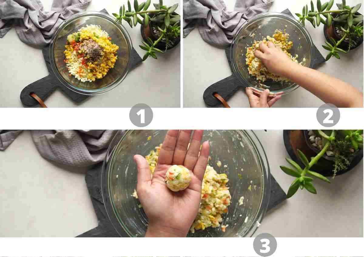 Step by step pictures showing how to make cheese ball mixture