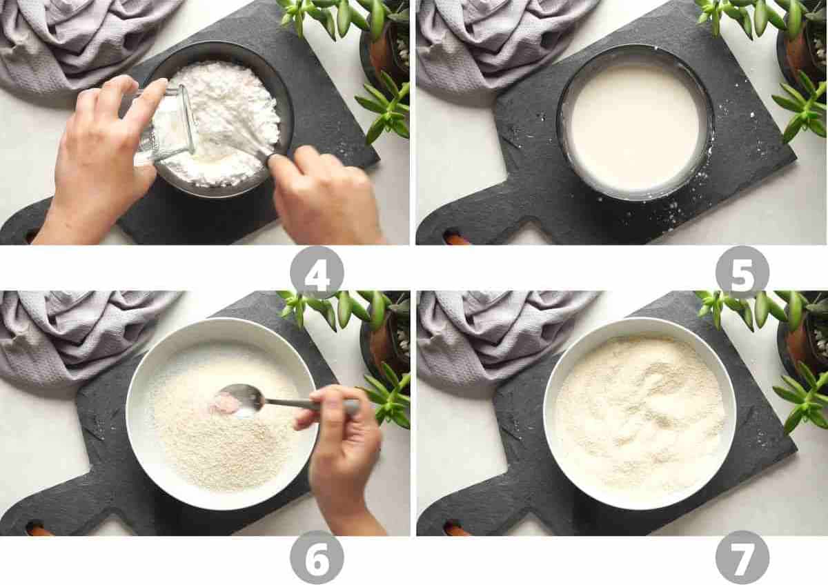 Step by step pictures showing how to make the slurry and breadcrumb mixture