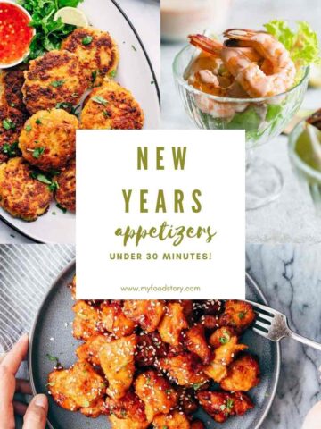 Picture collage of a roundup of over 25 New Years appetizers that are quick and easy and ready in under 30 minutes