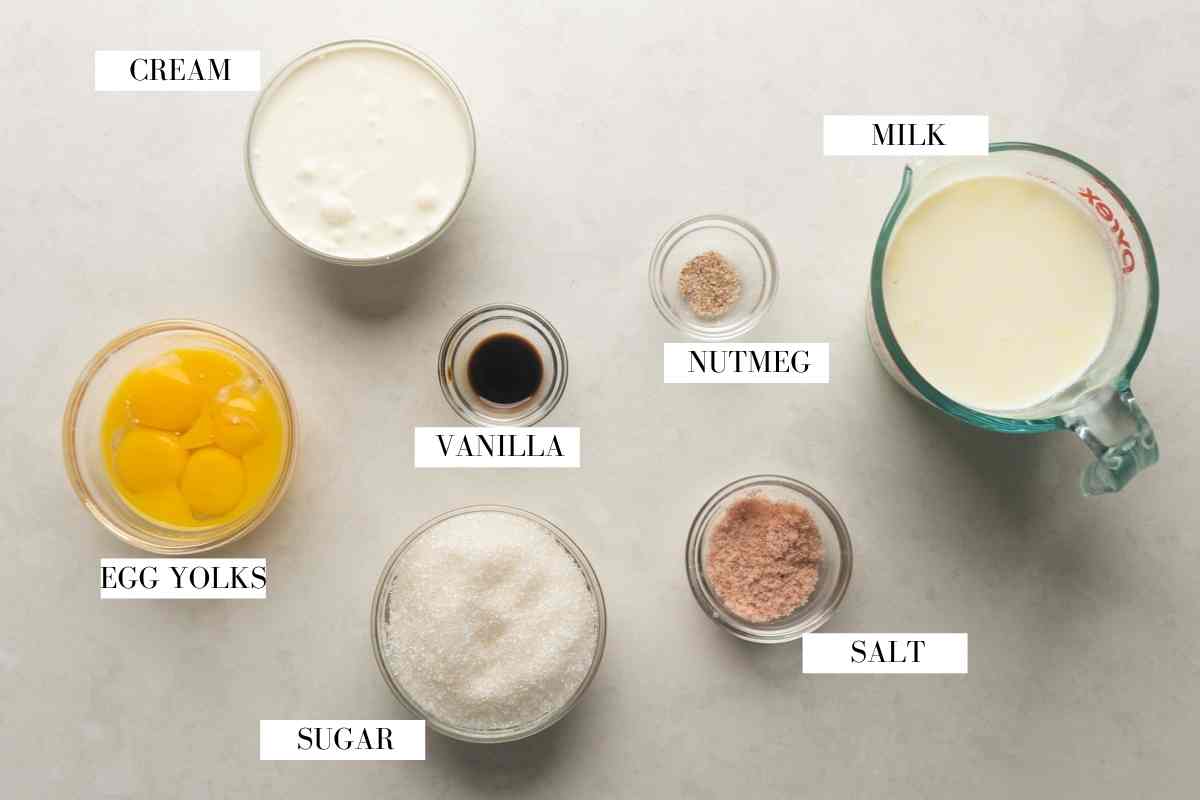 Picture of all the ingredients required for eggnog with text to indentify them
