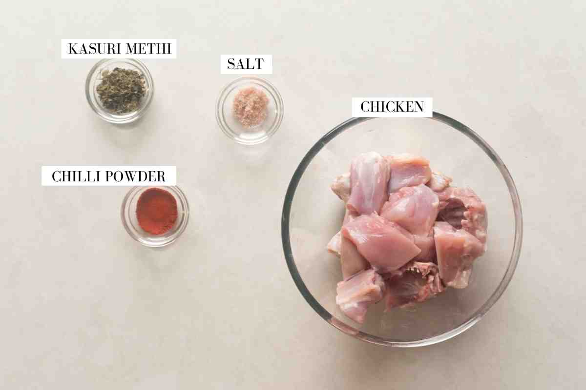 Ingredients for marinating chicken pictured with text to identify them