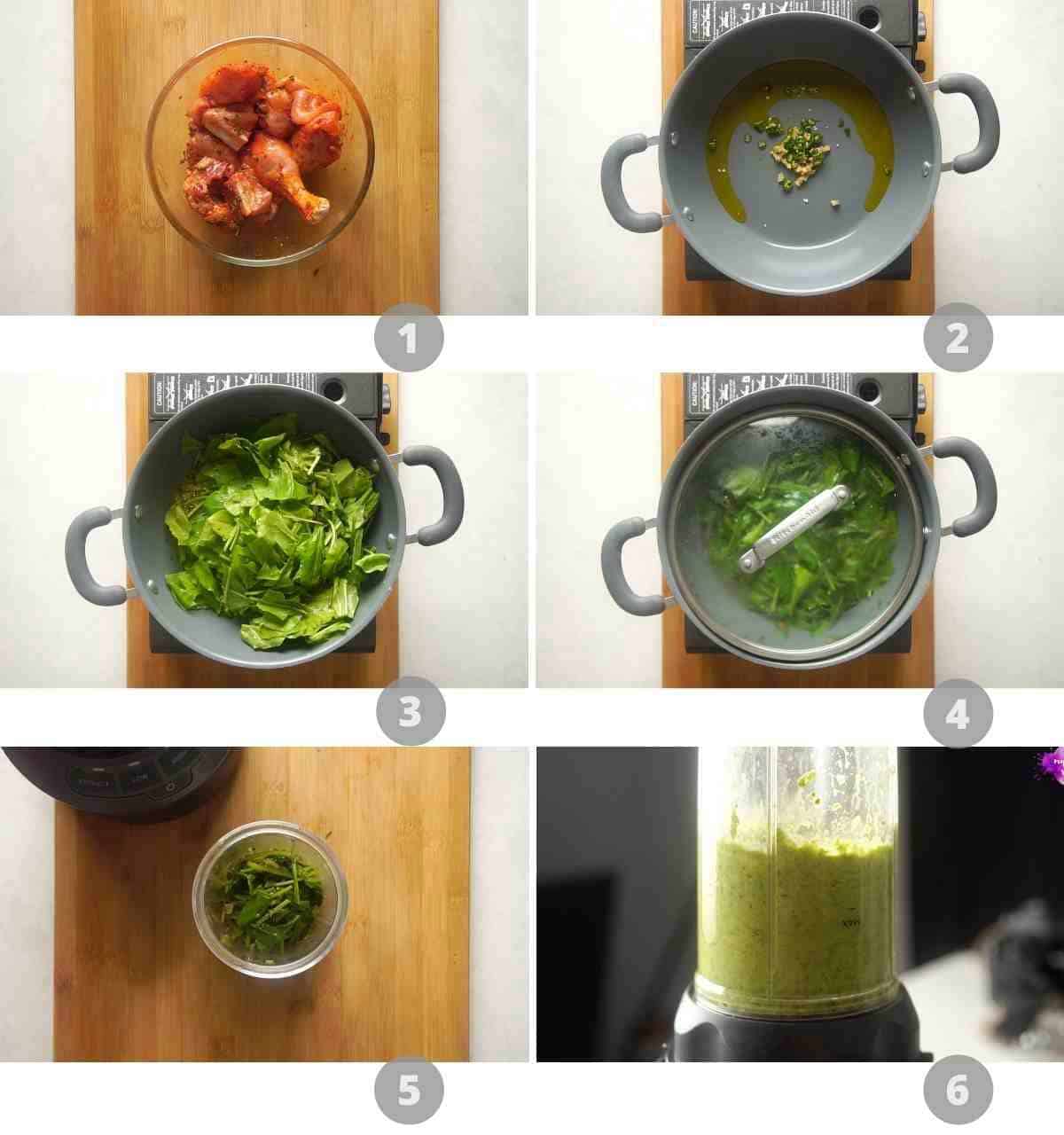 Step by step picture collage showing how to make saag chicken