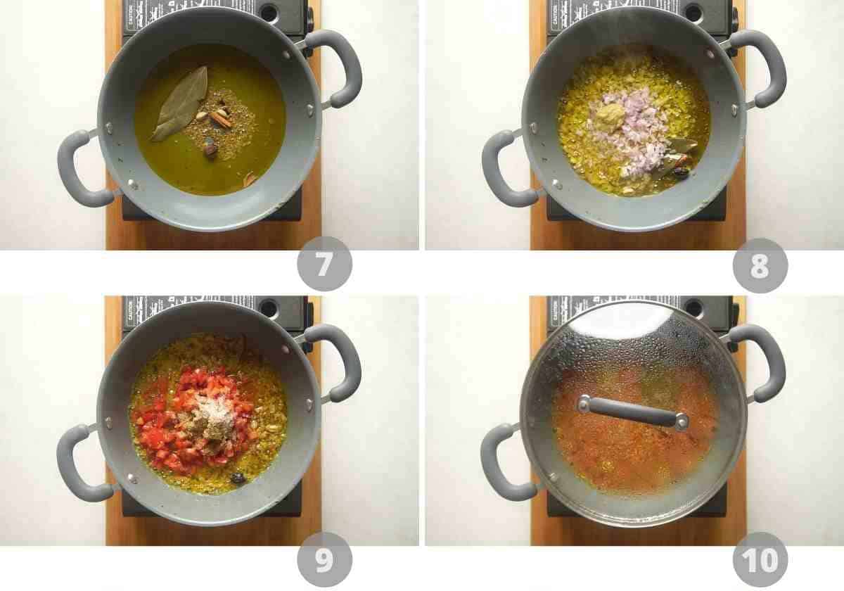 Step by step picture collage showing how to make saag chicken