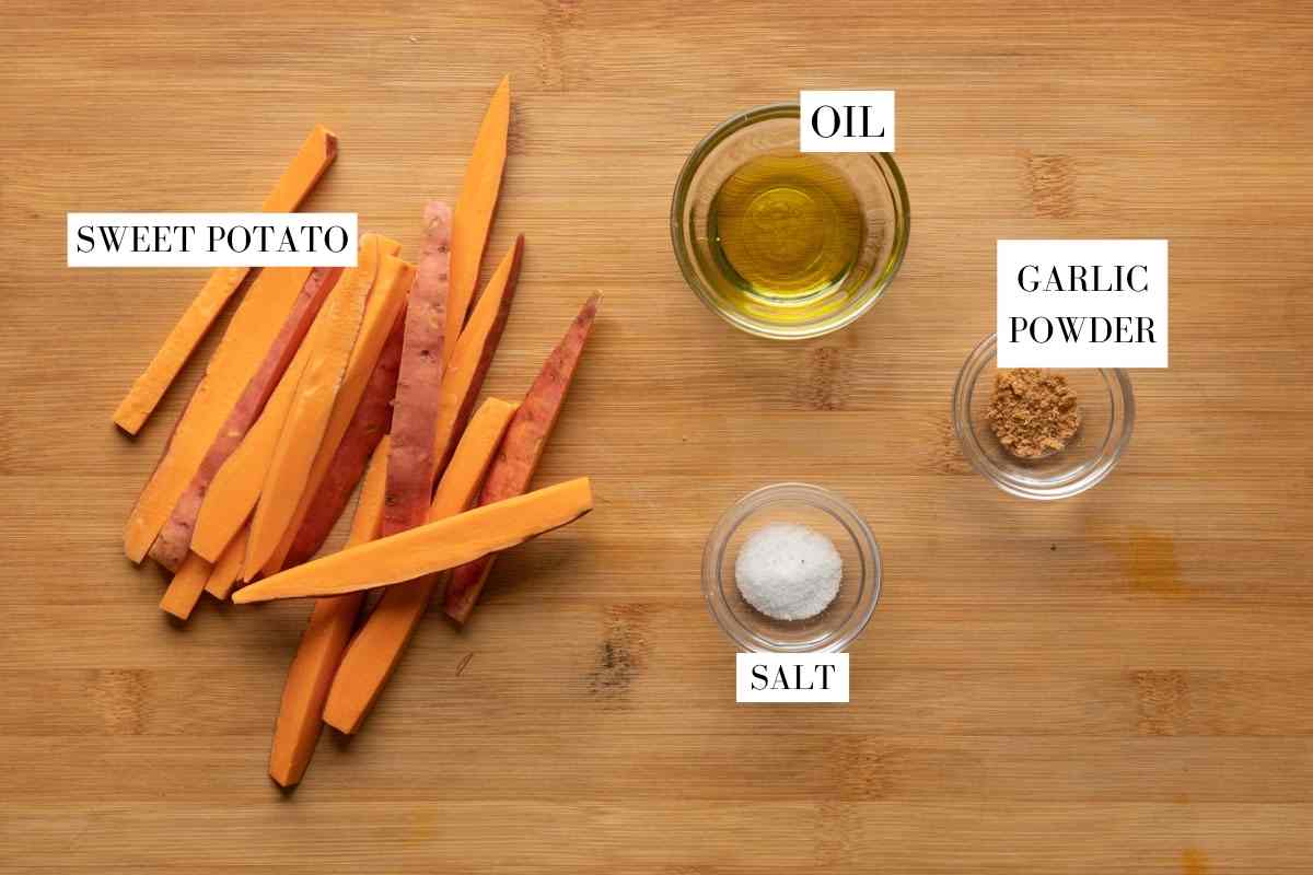 Picture of all the ingredients required for sweet potato fries with text to identify them