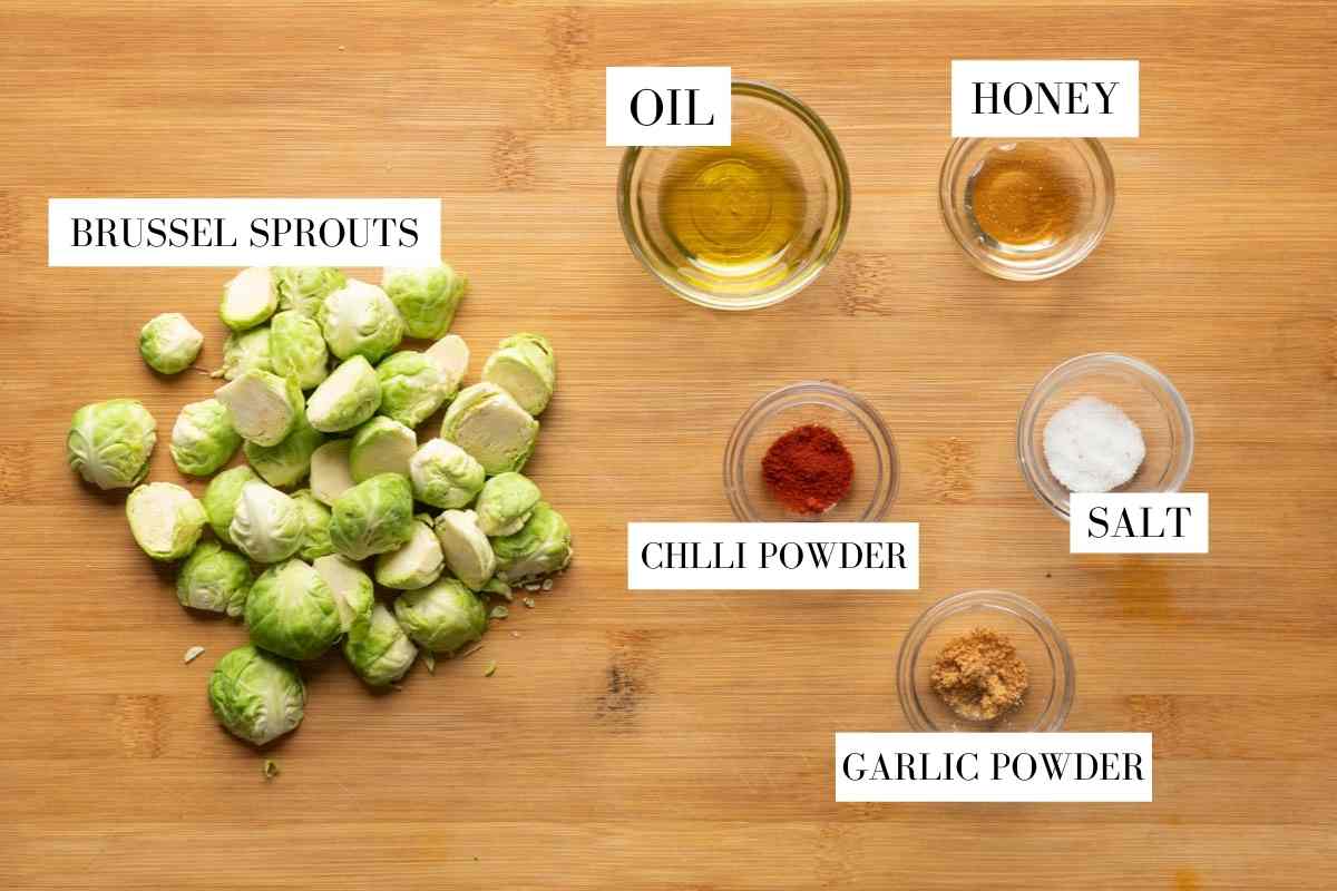 Picture of ingredients for brussel sprouts with text to identify them