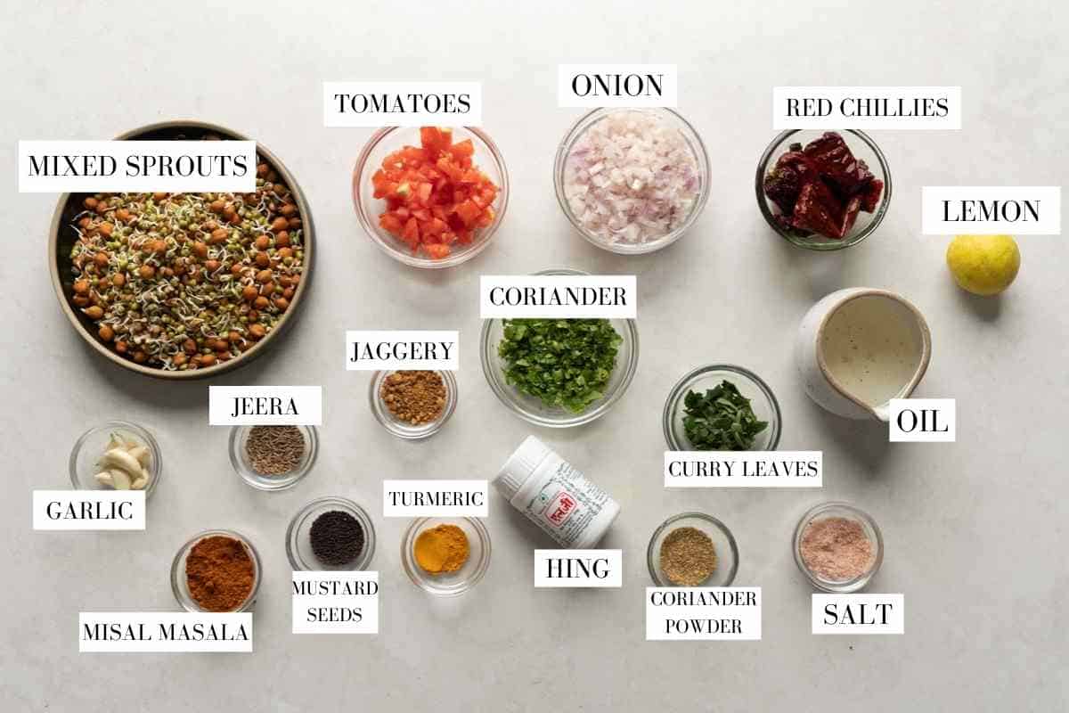 Picture of all the ingredients required for misal with text to indeitfy them