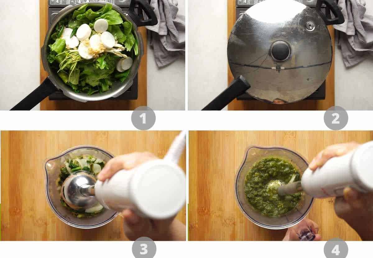 Step by step picture collage showing how to pressure cook greens for saag and coarsely grind them