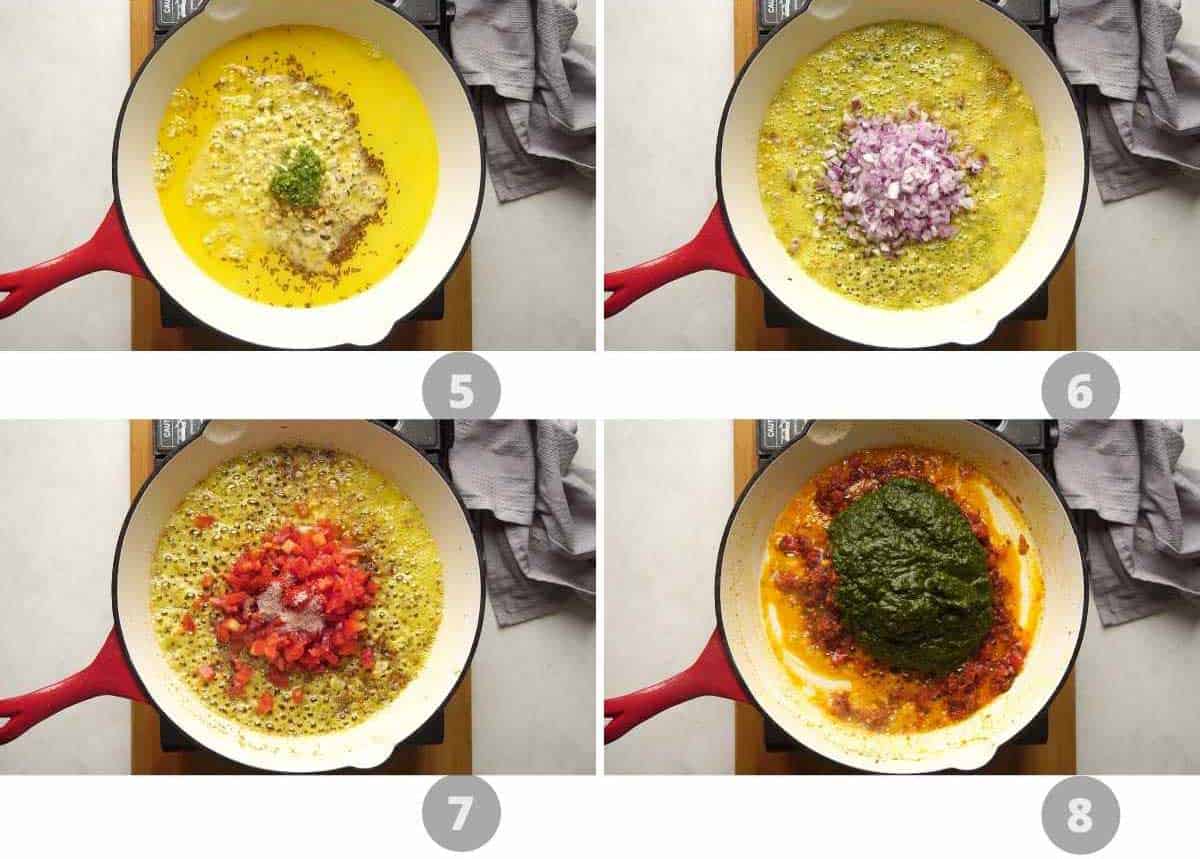 Step by step picture collage showing how to cook sarson ka saag