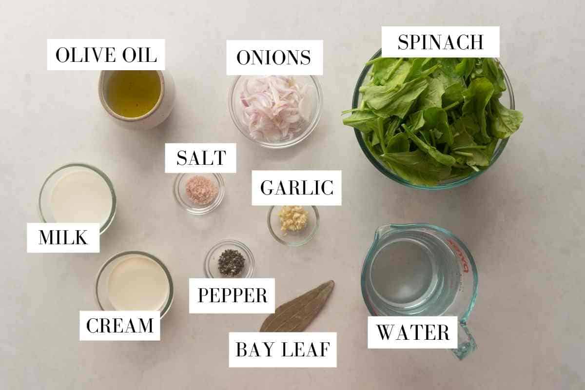 Picture of all the ingredients needed for spinach soup with text to identify them