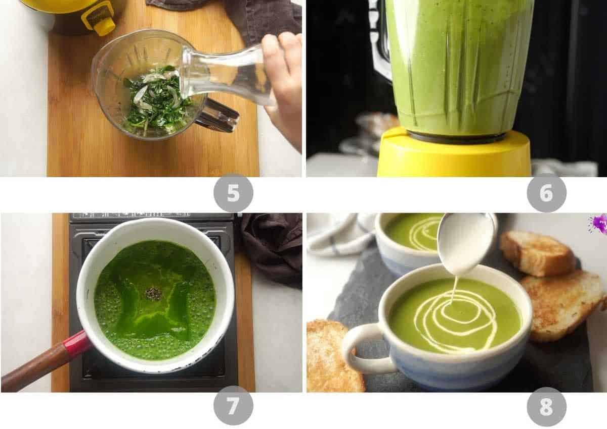 Picture collage showing how to make spinach soup step by step