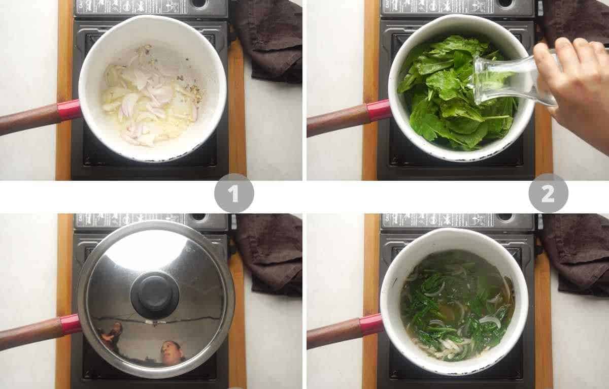 Step by step picture collage showing how to make spinach soup