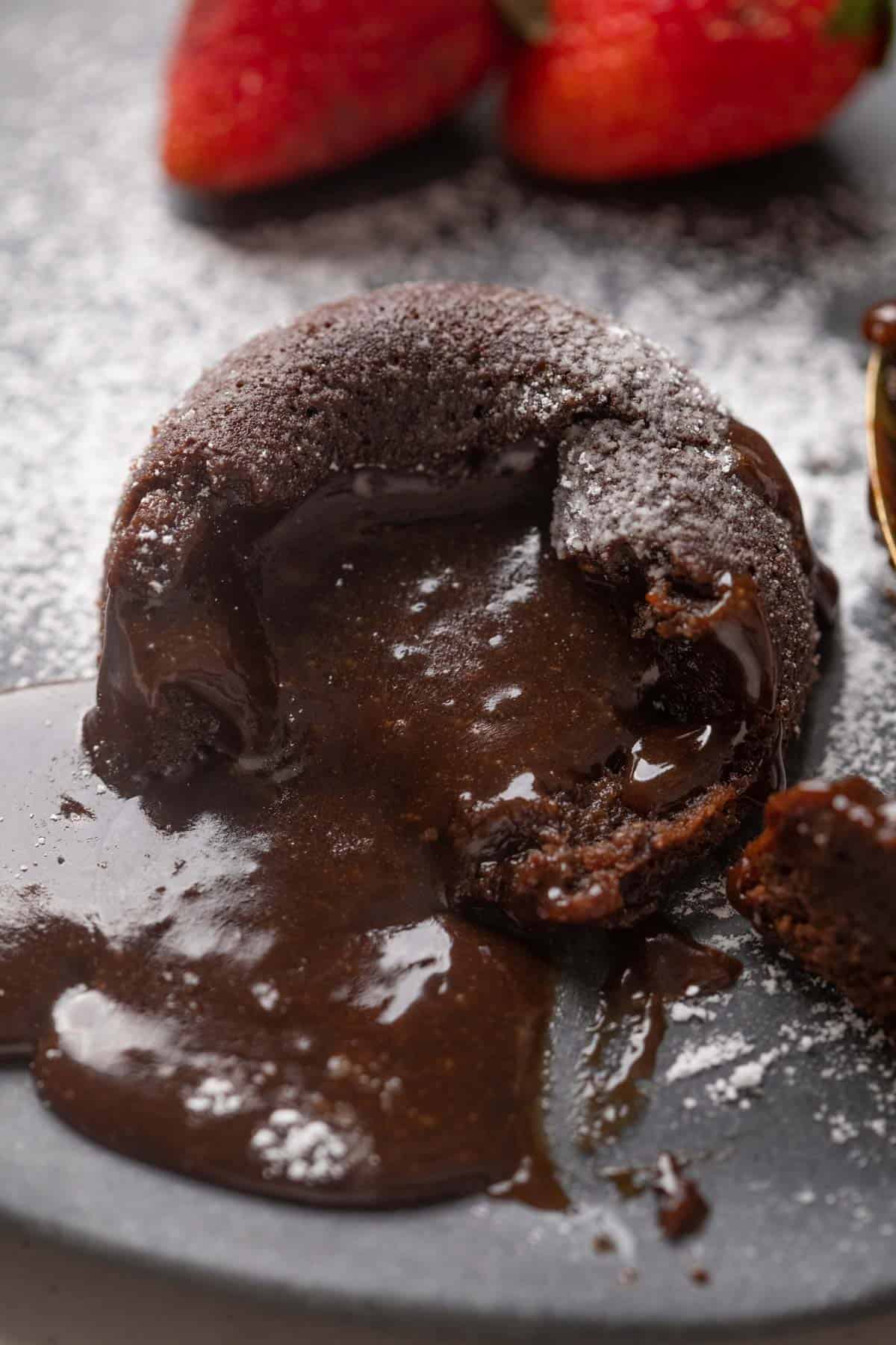 Closeup of chocolate oozing out of Mocha Lava Cake