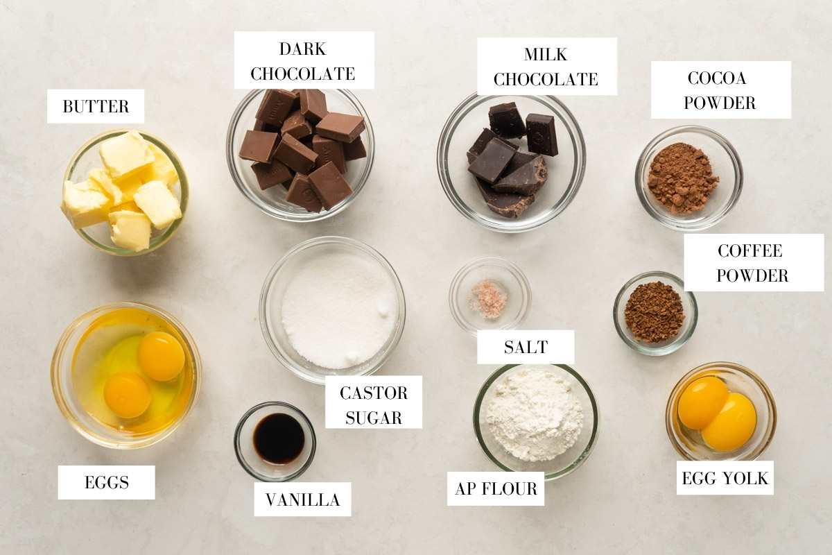 Picture of all the ingredients for mocha lava cake with text to identify them