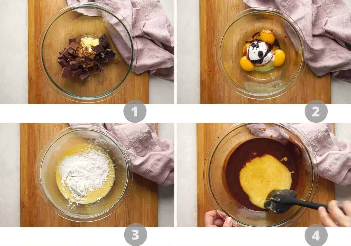 Picture collage showing step by step images on how to make mocha lava cake