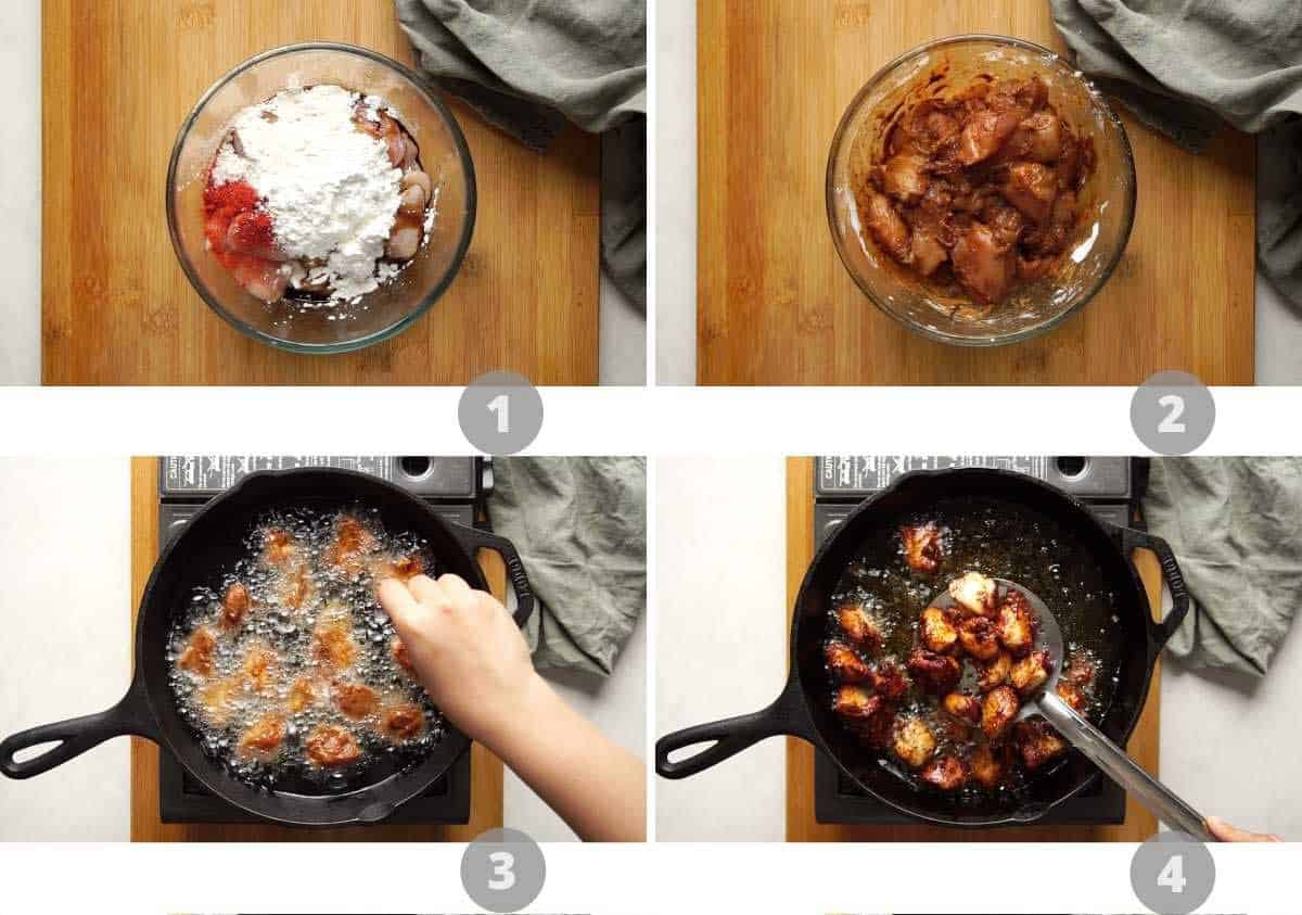 Step by step picture collage showing how to make szechuan chicken