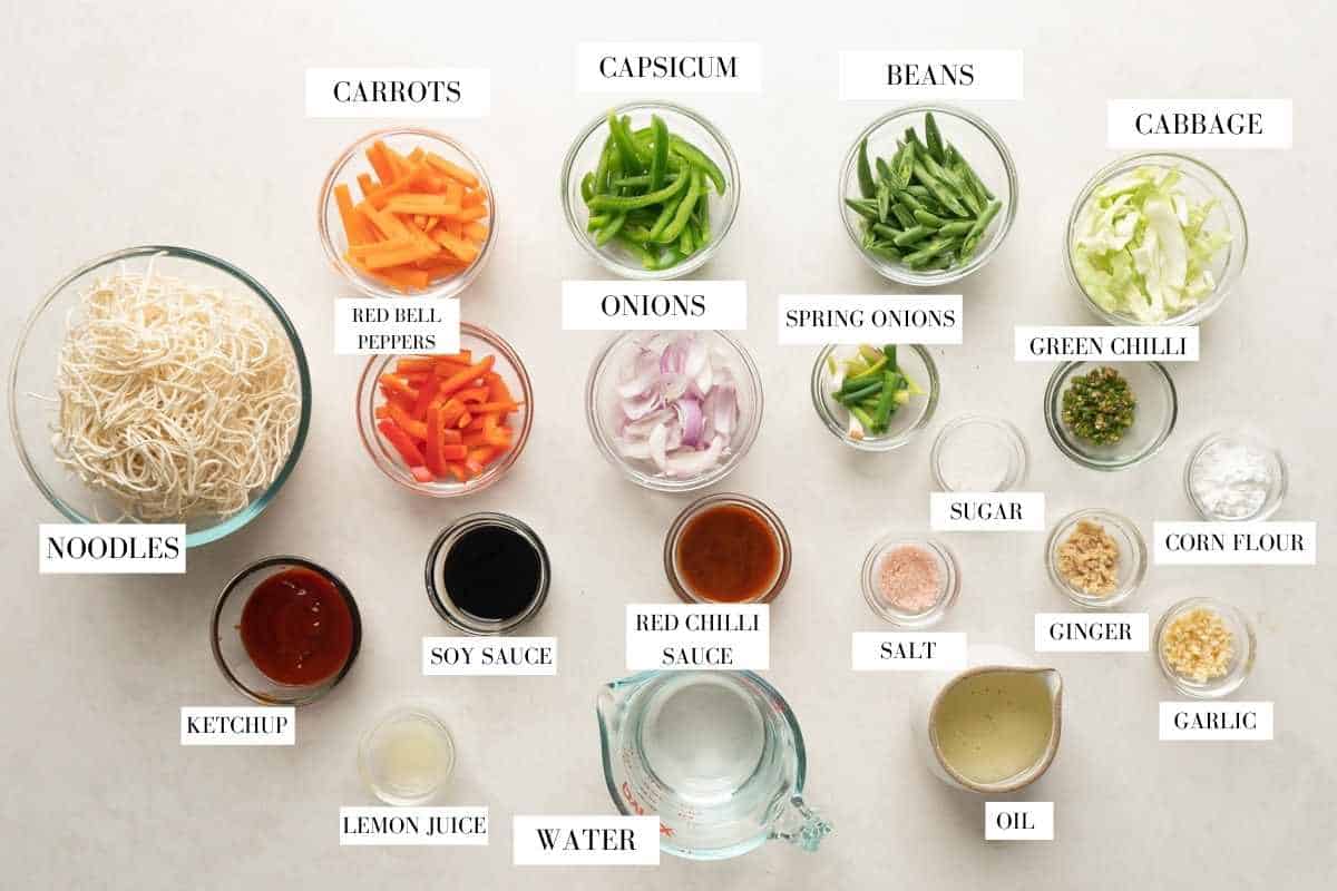 Picture of ingredients for American Chopsuey with text to identify them