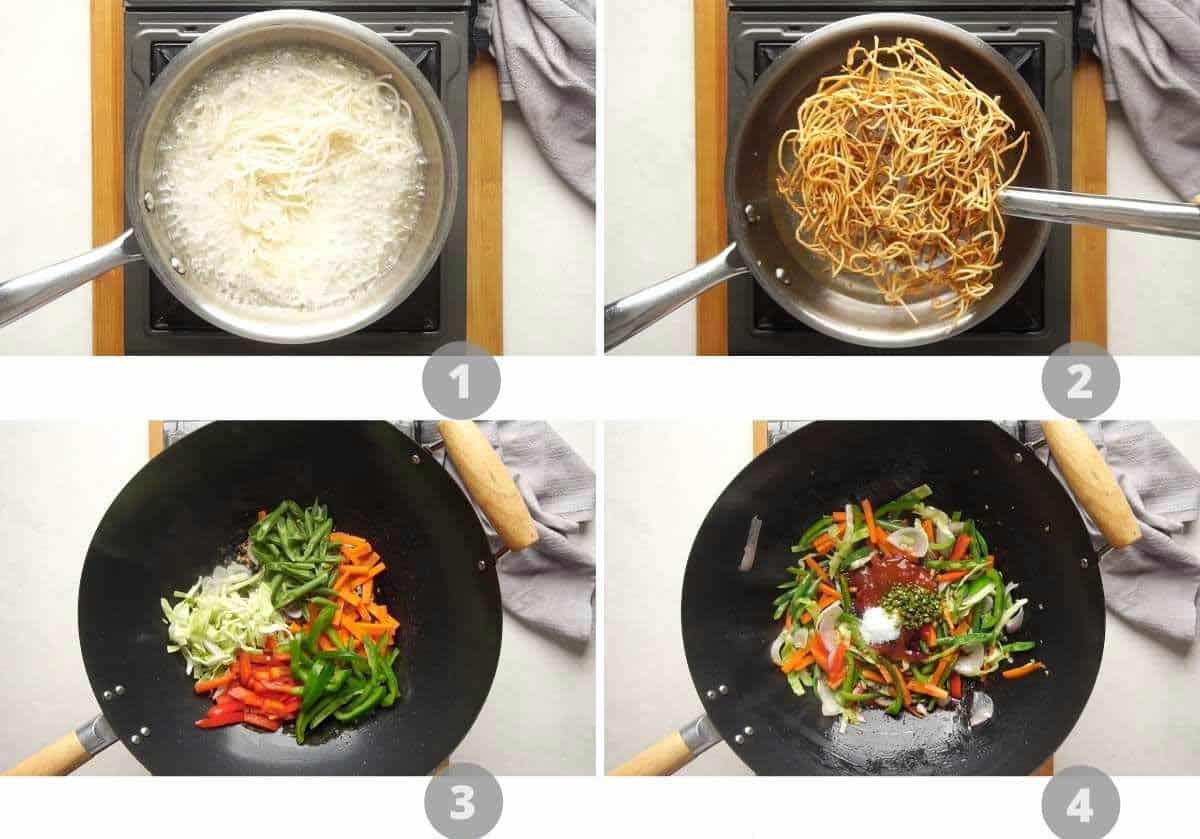 Step by step picture collage showing how to make american chopsuey