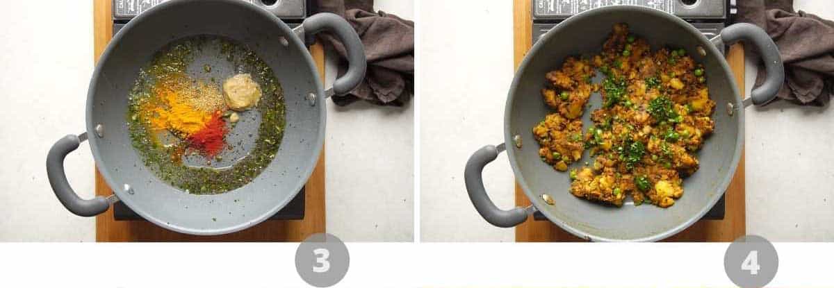 Step by step picture collage showing how to make aloo masala for sandwich
