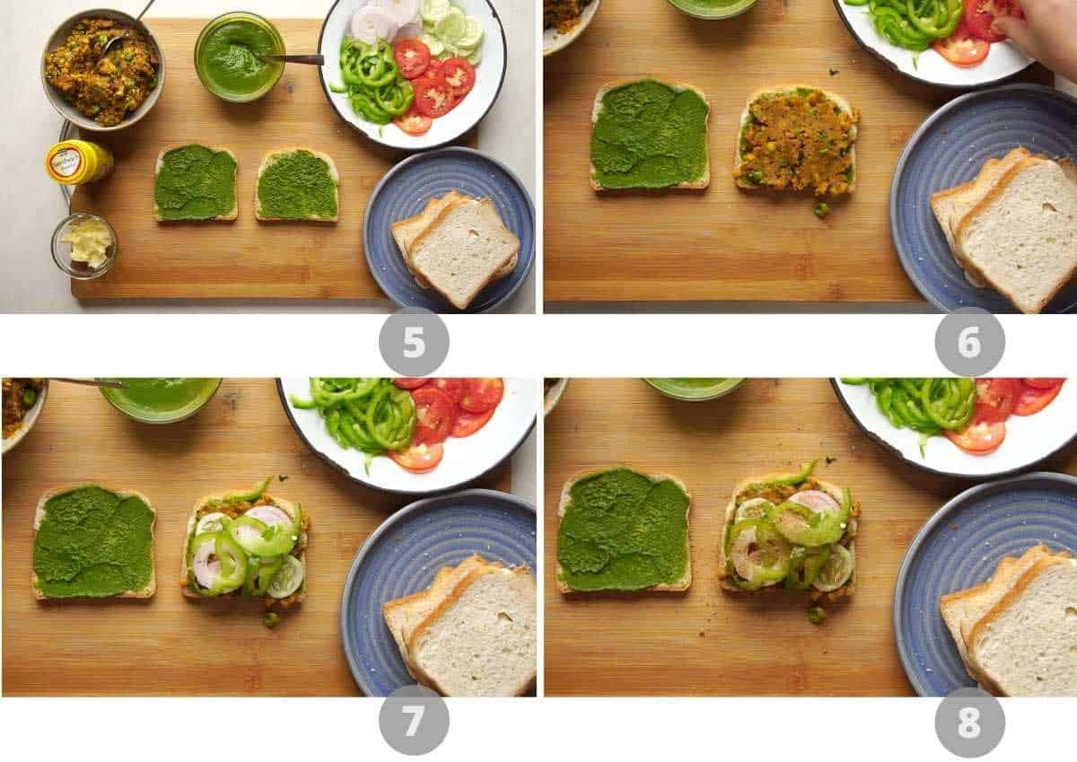 Step by step picture collage showing how to make bombay sandwich
