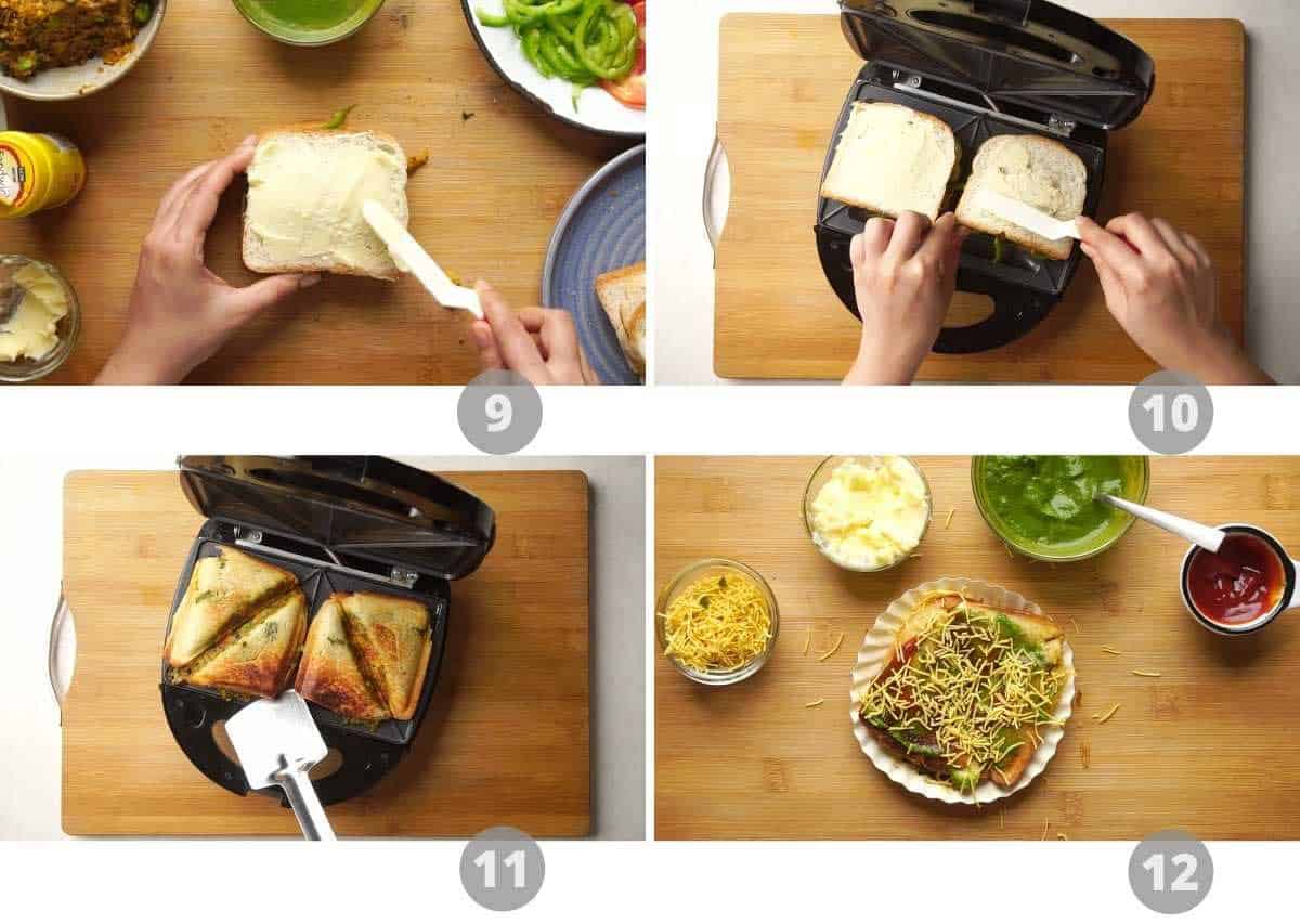 Step by step picture collage showing how to make toasted bombay sandwich