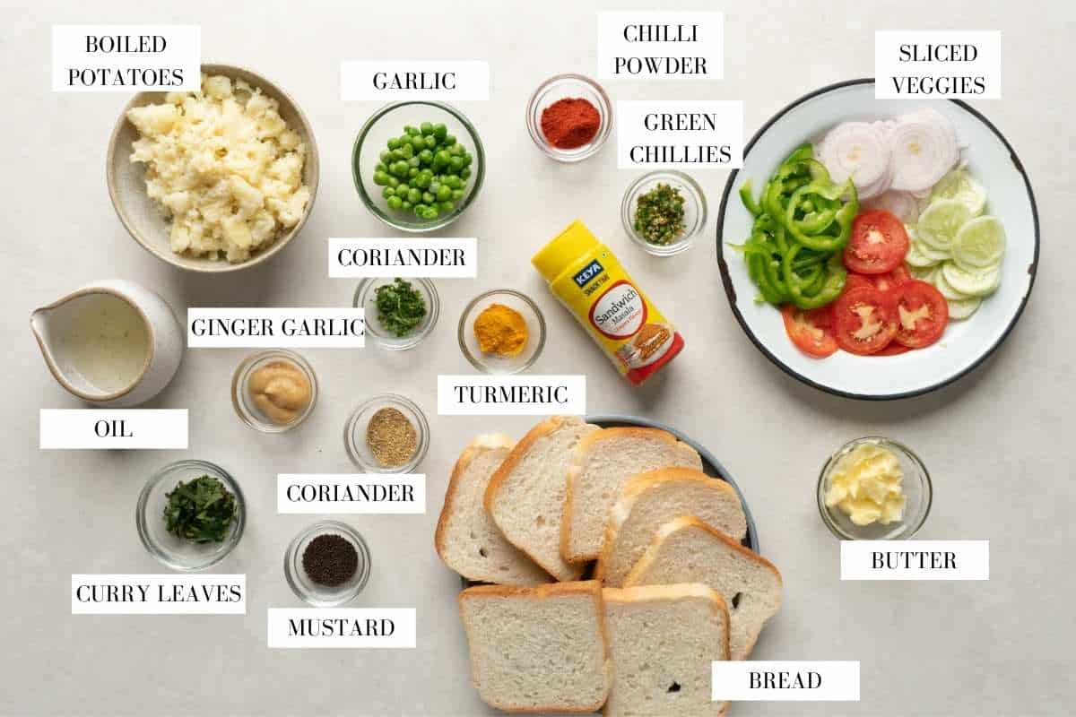 Picture of all the ingredients for bombay sandwich with text