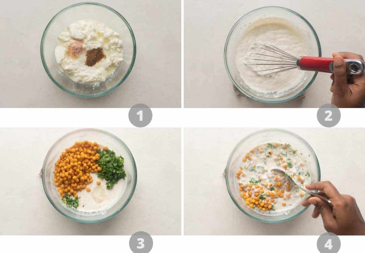 Step by step picture collage showing how to make boondi raita