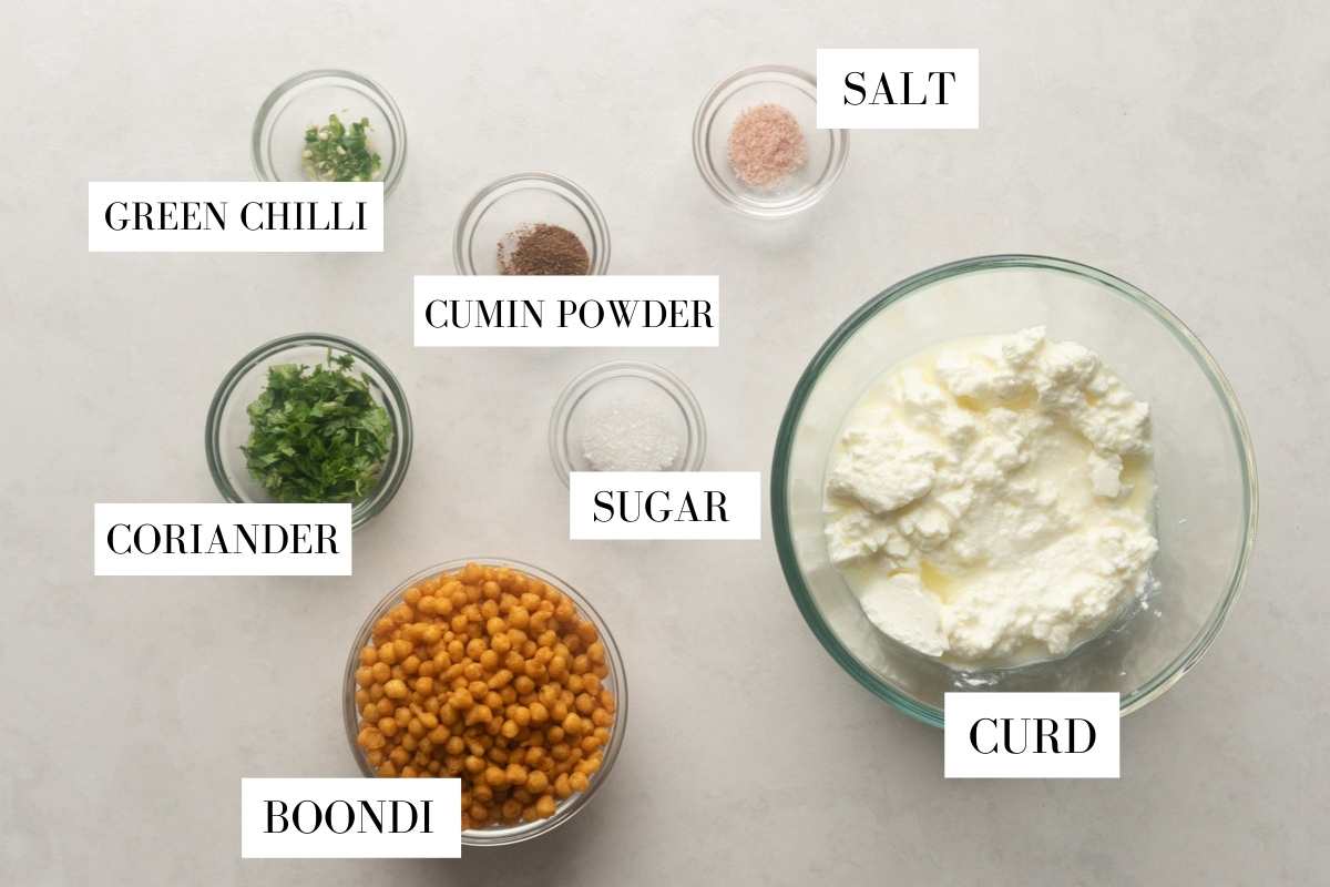 Picture of all the ingredients required for boondi raita with text overlay
