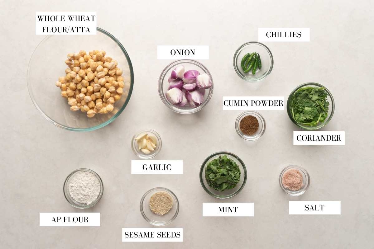 Picture of all the ingredients required to make falafel with text to identify them