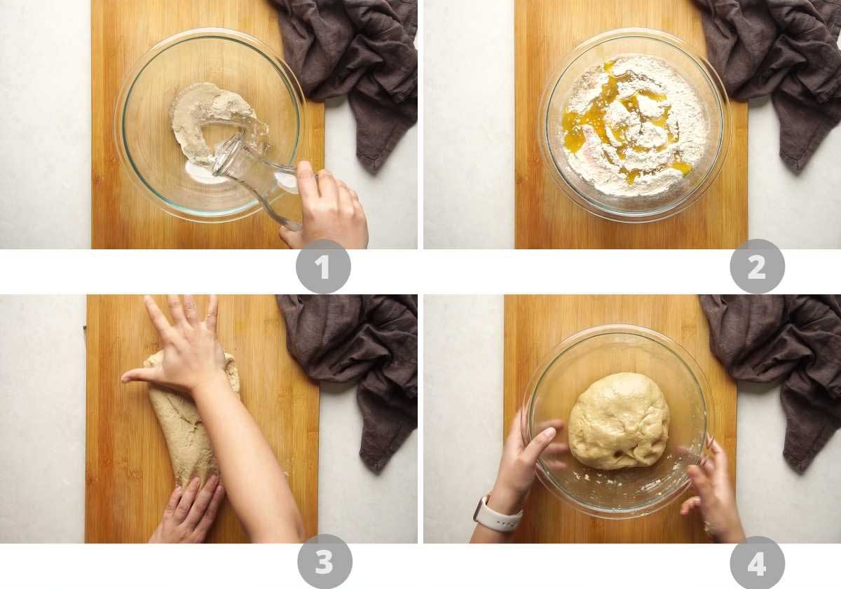 Step by step picture collage showing how to make whole wheat pita bread