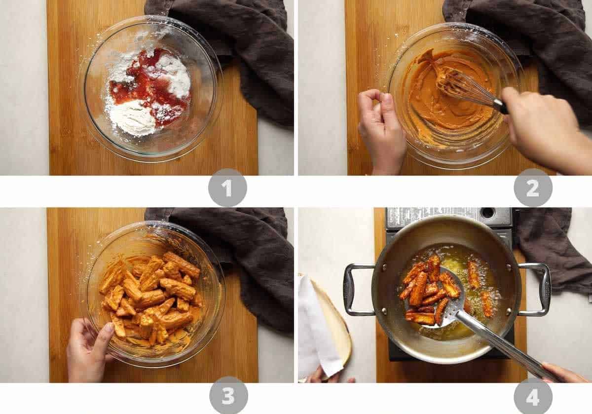 Step by step picture collage showing how to make babycorn chilli