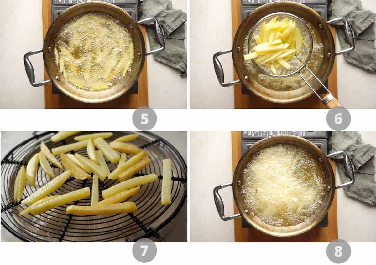 Step by step picture collage showing how to make french fries