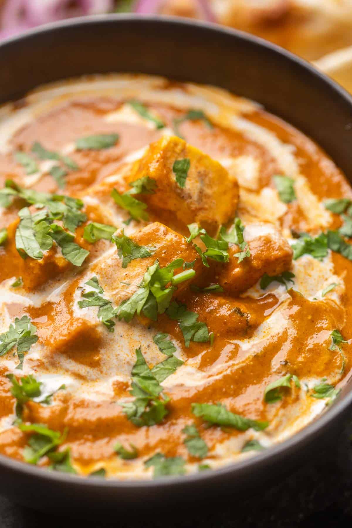 Close up picture of shahi paneer to show texture