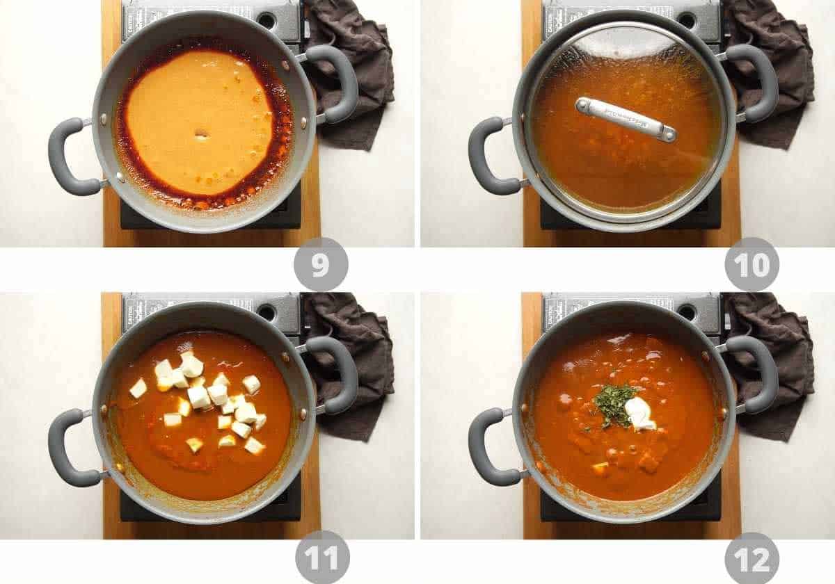 Step by step picture collage showing how to make shahi paneer