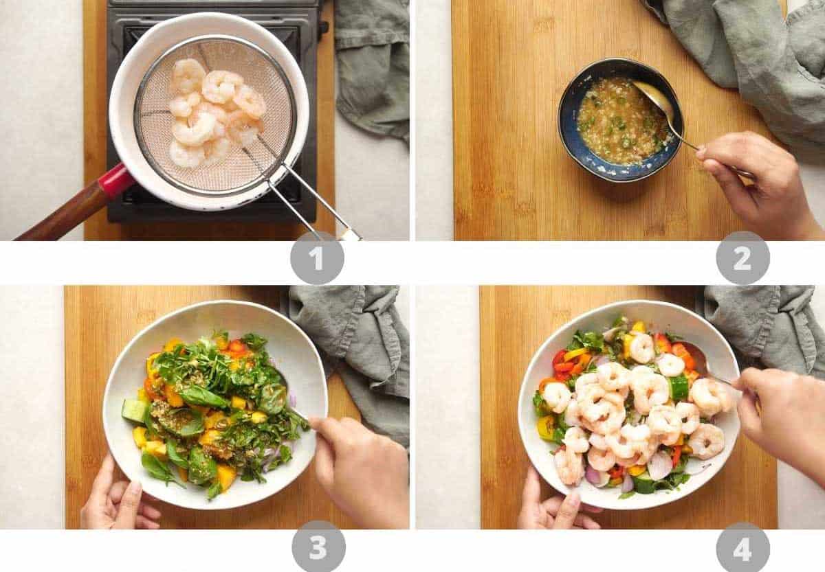 Step by step picture collage showing how to make thai prawn mango salad