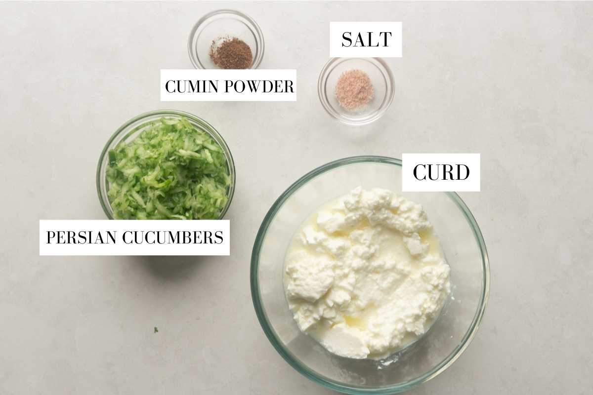 Ingredients required for cucumber raita laid out with text overlay to identify them