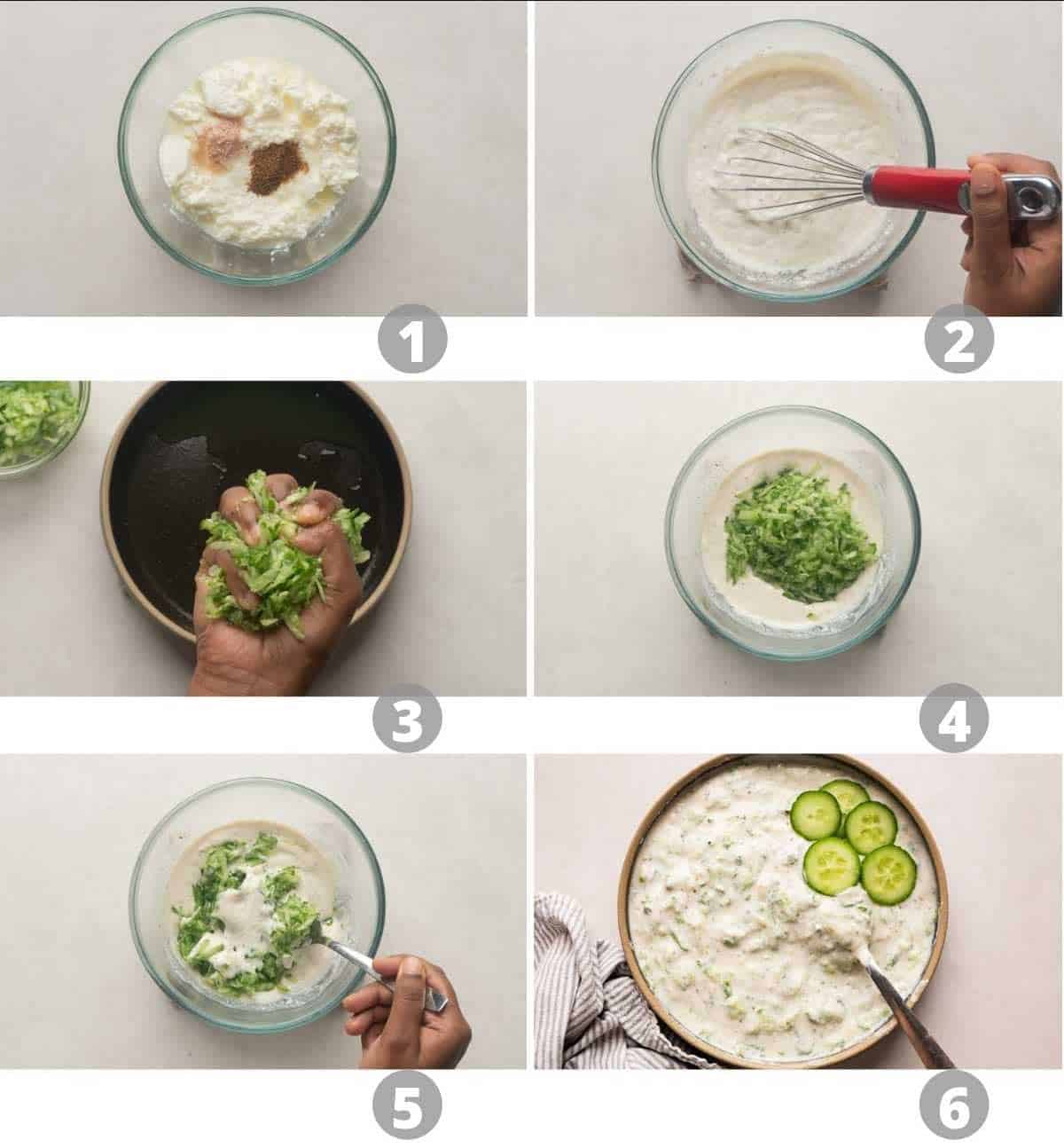 Step by step picture collage showing how to make cucumber raita