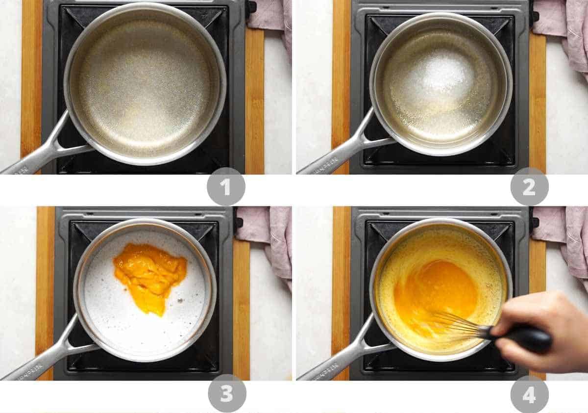 Step by step picture collage showing how to make mango panna cotta