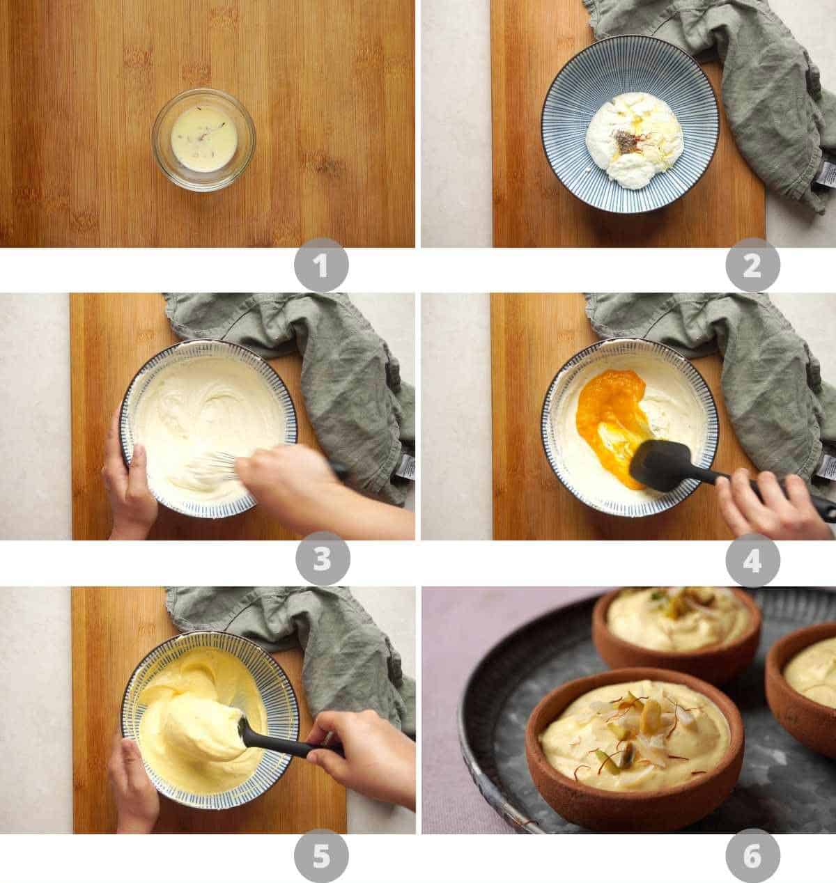 Step by step picture collage showing how to make mango shrikhand