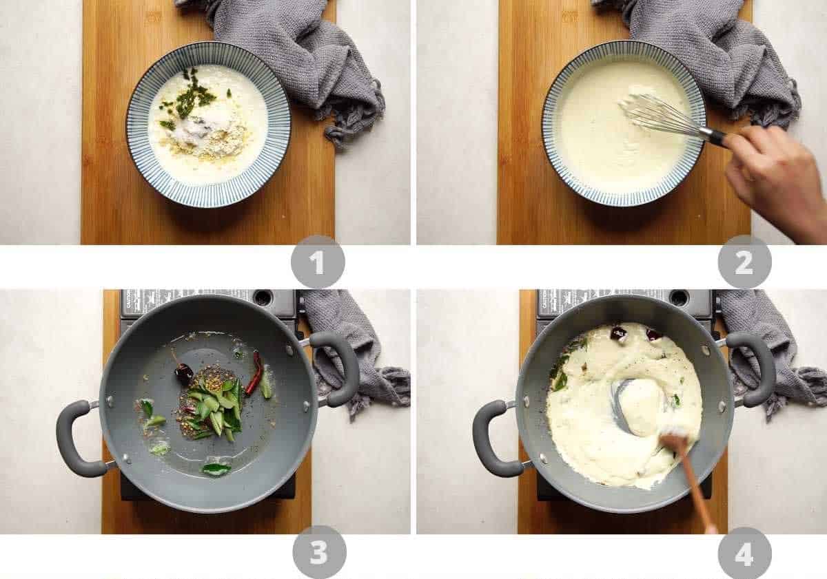 Step by step picture collage showing how to make Mango Kadhi