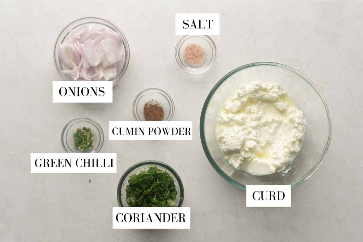 Picture showing all the ingredients for onion raita with text to identify them