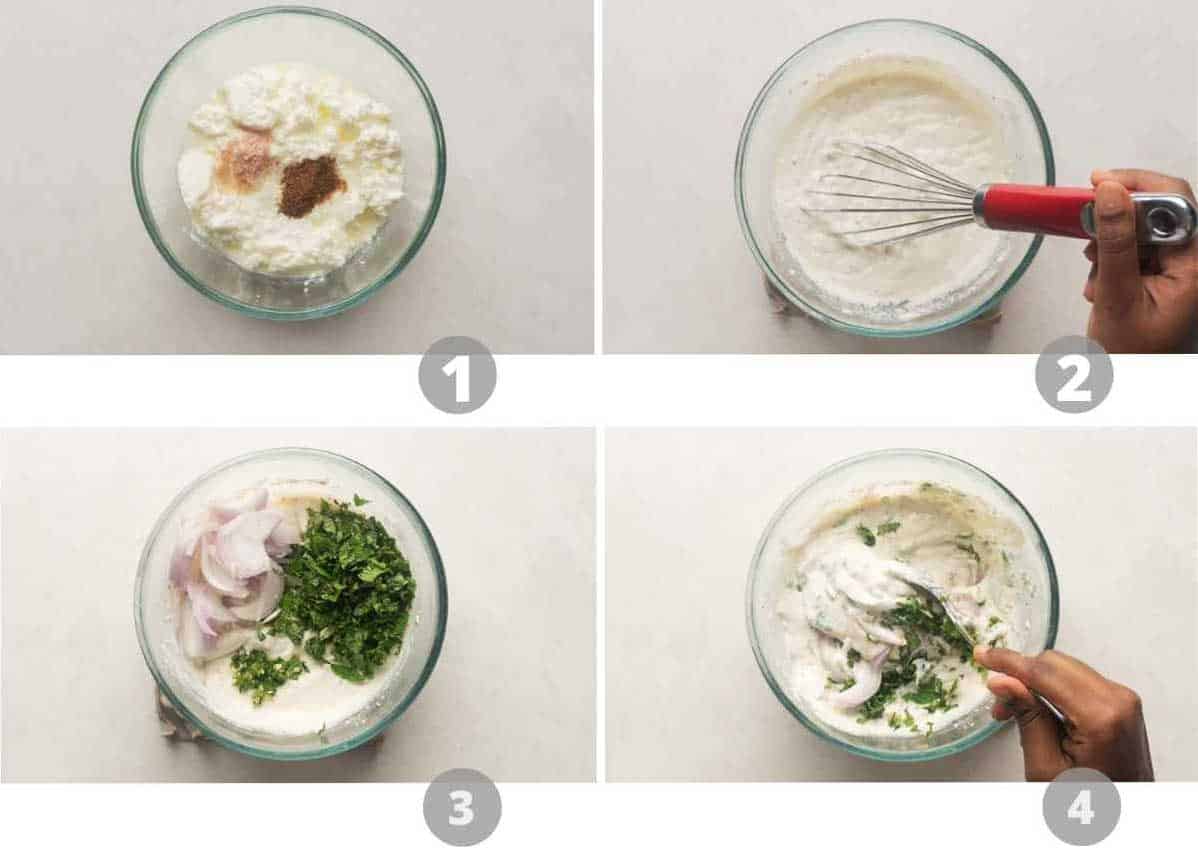 Step by step picture collage showing how to make onion raita