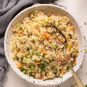 Picture of fried rice in a white bowl with a spoon