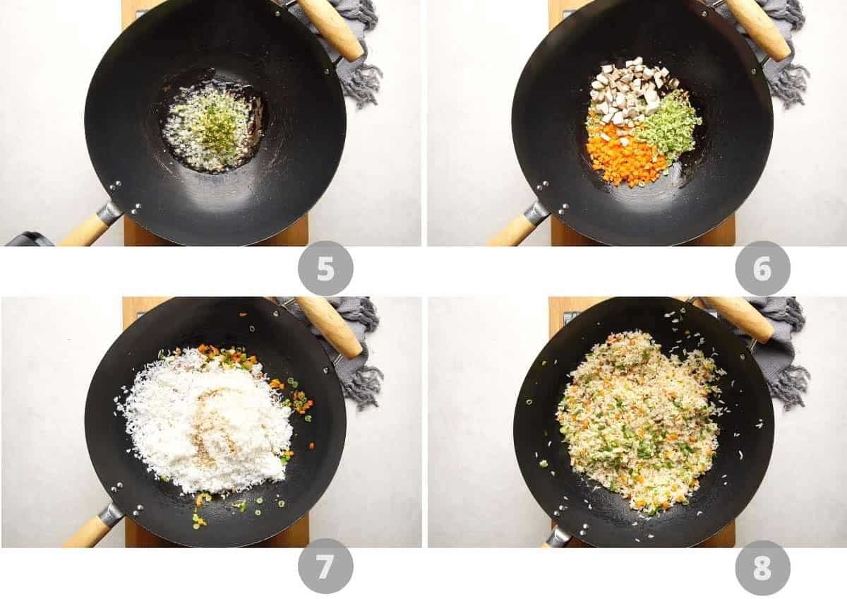 Step by step picture collage showing how to make fried rice