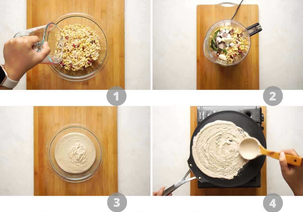 Step by step picture collage showing how to make high protein dosa