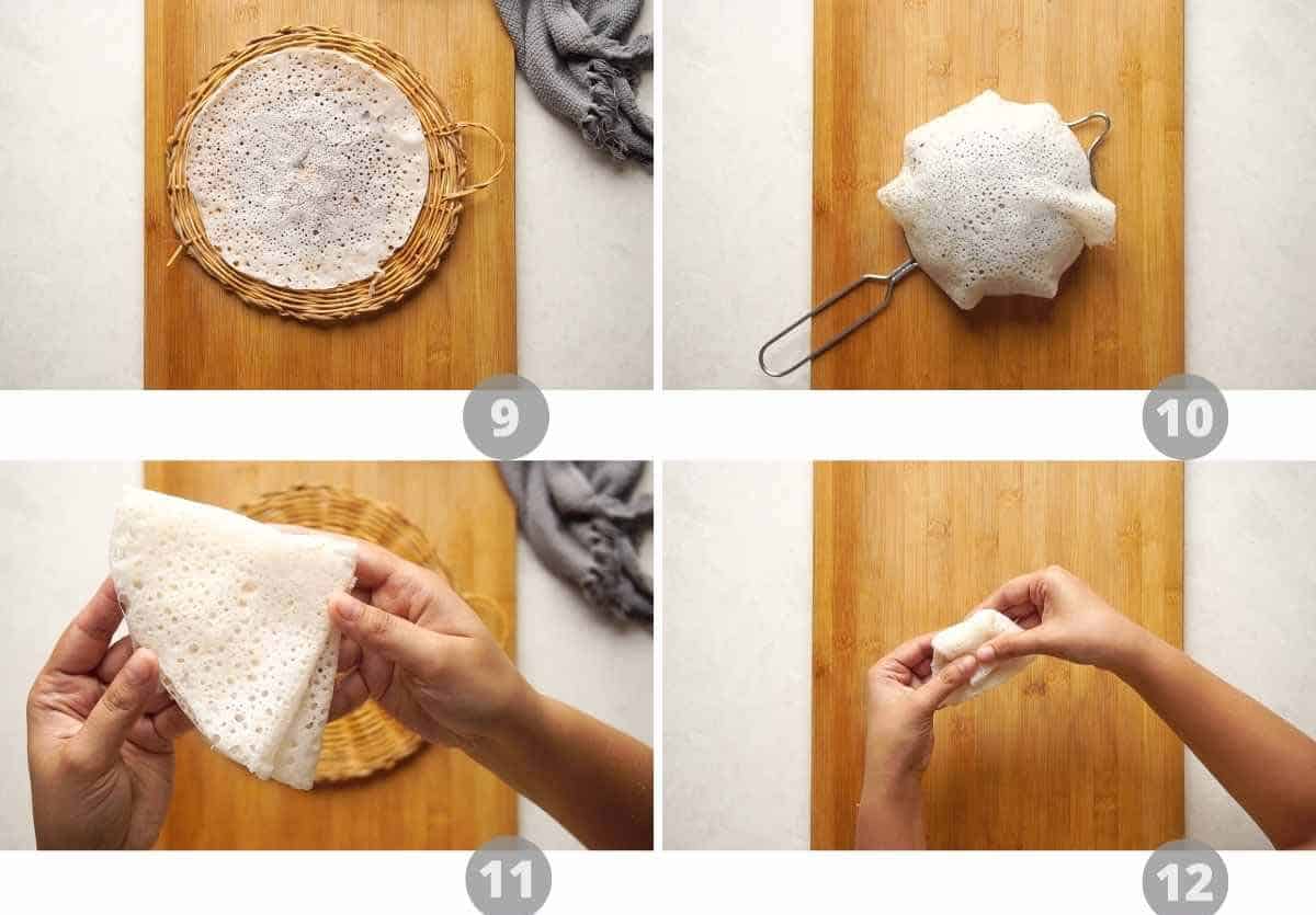 Step by step picture collage showing how to make neer dosa