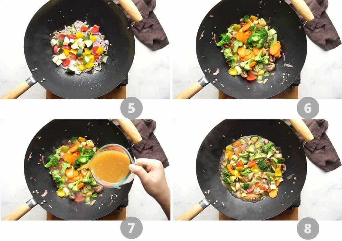 Step by step picture collage showing how to stir fry